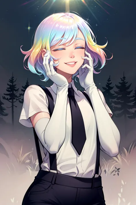 masterpiece, best quality, diamond, multicolored hair, multicolored eyes, white shirt, suspenders, elbow gloves, necktie, short shorts, upper body, hands on own face, smile, closed eyes, forest <lora:diamond-nvwls-v1-000012:0.9>