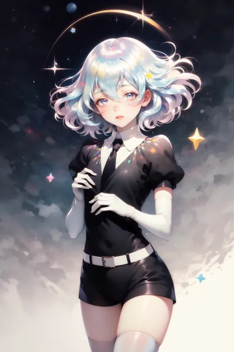 masterpiece, best quality, diamond, multicolored hair, multicolored eyes, black shirt, elbow gloves, necktie, short shorts, belt, white thighhighs, cowboy shot, night, night sky, stars, from side, looking at viewer, wide eyes, surprised, hands to chest <lora:diamond-nvwls-v1-000012:0.9>