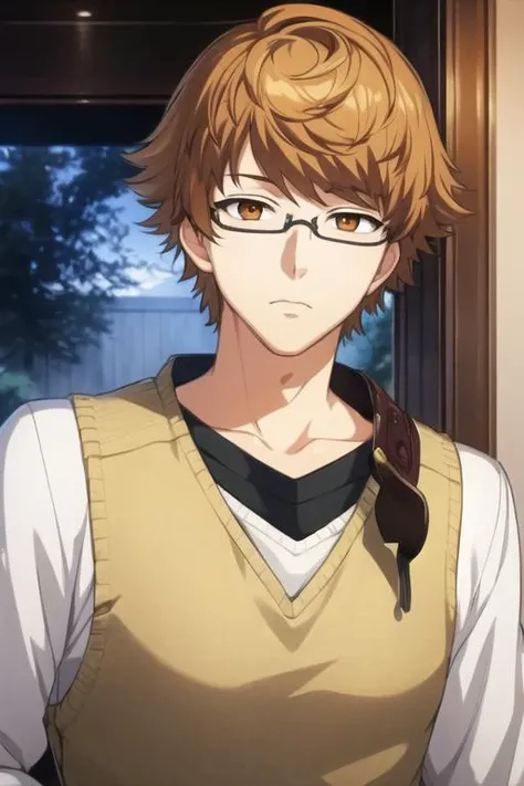masterpiece, best quality, game cg, 1boy, solo, male focus, looking at viewer, upper body, depth of field, <lora:nishiki_nishio:0.68>, nishiki_nishio, brown hair, brown eyes, glasses, , Narnia: A land of talking animals and magical creatures, ruled by Aslan the lion,