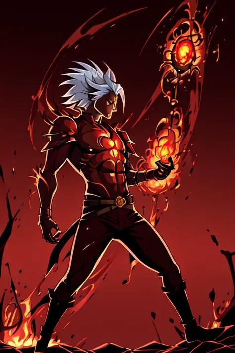(masterpiece:1.2, best quality:1.2, beautiful, high quality, highres:1.1, aesthetic),
1boy, breathing fire, burning, embers, explosion, fiery hair, fiery wings, fire, flame, flaming sword, flaming weapon, horns, male focus, molten rock, muscular, pyrokinesis, red background, red sky, red theme, solo, white hair, style of <lora:SlayTheSpire_Stylizer__Test_run:1>