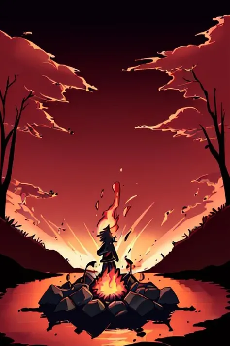backlighting, breathing fire, burning, campfire, cloud, cloudy sky, dusk, embers, evening, explosion, fiery hair, fiery wings, fire, fireplace, flame, flaming weapon, gradient sky, horizon, male focus, molten rock, moon, mountain, mountainous horizon, ocean, orange sky, orange theme, red moon, red sky, red theme, silhouette, sky, solo, sun, sunset, torch, twilight, volcano, yellow sky, style of <lora:SlayTheSpire_Stylizer__Test_run_ep10:1>