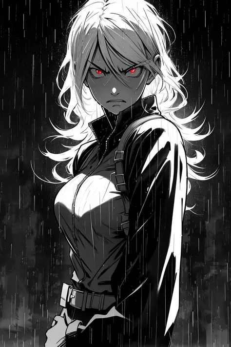 Sincity,monochrome, greyscale,( emphasis_lines), transparent_background,( rain),lightning,angry ,rain background,futa with female,upper body,looking at viewer,red eyes,masterpiece, best quality, <lora:Sincity-000001:0.4>