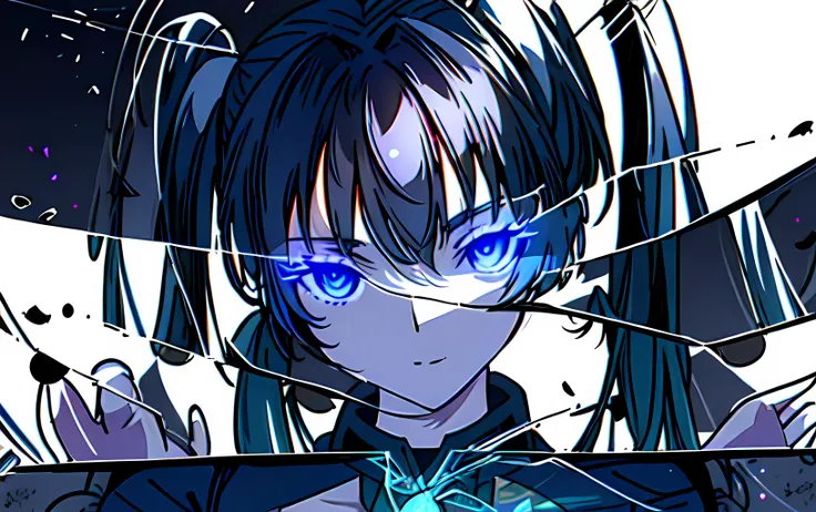 (((masterpiece))), (((best quality))), ((ultra-detailed)), (highly detailed CG illustration), ((an extremely delicate and beautiful)), cinematic light, black rock shooter (character),expressionless, black_hair,blue_eyes,bikini,coat, collar,flat_chest, front-tie_top, leash,boots, broken, midriff, scar, star_\(symbol\), (twintails:1.4), uneven_twintails, (flaming eye:1.2),delicate refective and high glass guardrail board, hands, science fiction,extreme detailed,colorful,highest detailed, <lora:character_blaock_rock_shooter015:0.8>, <lora:background_improve_backgrounds:0.2>, <lora:Glass-000010:1>, broken glass, multiple_girls, reflection, glowing