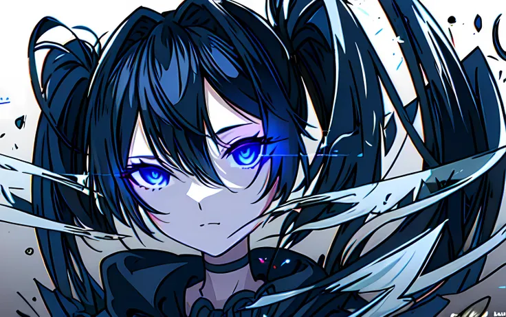 (((masterpiece))), (((best quality))), ((ultra-detailed)), (highly detailed CG illustration), ((an extremely delicate and beautiful)), cinematic light, black rock shooter (character),expressionless, black_hair,blue_eyes,bikini,coat, collar,flat_chest, front-tie_top, leash,boots, broken,  midriff, scar, star_\(symbol\), (twintails:1.4), uneven_twintails, (flaming eye:1.2),delicate refective and high glass guardrail board, hands, science fiction,extreme detailed,colorful,highest detailed, <lora:character_blaock_rock_shooter015:0.8>, <lora:background_improve_backgrounds:0.2>, <lora:Glass-000010:1>, broken glass, multiple_girls, reflection, glowing