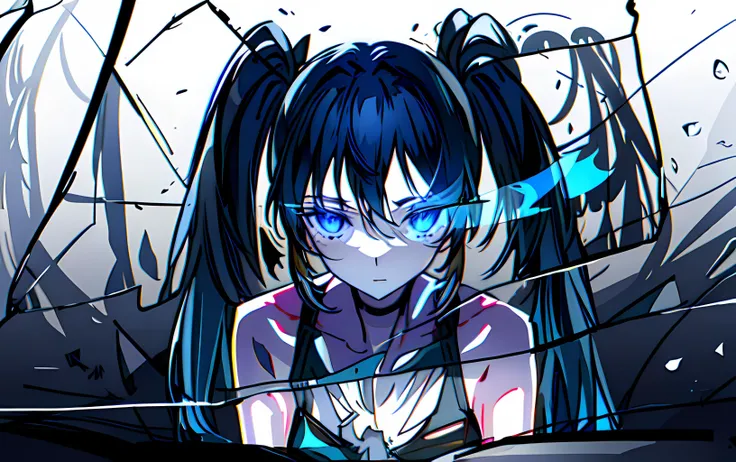 (((masterpiece))), (((best quality))), ((ultra-detailed)), (highly detailed CG illustration), ((an extremely delicate and beautiful)), cinematic light, black rock shooter (character),expressionless, black_hair,blue_eyes,bikini,coat, collar,flat_chest, front-tie_top, leash,boots, broken, midriff, scar, star_\(symbol\), (twintails:1.4), uneven_twintails, (flaming eye:1.2),delicate refective and high glass guardrail board, hands, science fiction,extreme detailed,colorful,highest detailed, <lora:character_blaock_rock_shooter015:0.8>, <lora:background_improve_backgrounds:0.2>, <lora:Glass-000010:1>, broken glass, multiple_girls, reflection, glowing