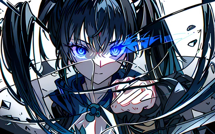 (((masterpiece))), (((best quality))), ((ultra-detailed)), (highly detailed CG illustration), ((an extremely delicate and beautiful)), cinematic light, black rock shooter (character),expressionless, black_hair,blue_eyes,bikini,coat, collar,flat_chest, front-tie_top, leash,boots, broken,  midriff, scar, star_\(symbol\), (twintails:1.4), uneven_twintails, (flaming eye:1.2),delicate refective and high glass guardrail board, hands, science fiction,extreme detailed,colorful,highest detailed, <lora:character_blaock_rock_shooter015:0.8>, <lora:background_improve_backgrounds:0.2>, <lora:Glass-000010:1>, broken glass, multiple_girls, reflection, glowing
