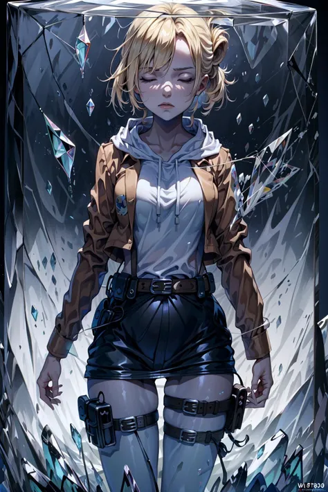 (best quality), (masterpiece),(ultra-detailed:1.2),(photorealistic:1.1),ultra high res,cowboy shot,
1girl,putting_down_in_ice ,closed eyes,
blond hair,brown jacket,hood,belt,white tights,thigh strap,white pants,shirt,
<lora:Glass-000010:0.5>,glass,broken glass,
<lora:putting_down_in_ice:1.1> ,(ice:1.1),crystal,gradient,glowing, reflection,
<lora:Annie-14:0.8> ,
<lora:flat2:-0.5>,
<lora:LowRa:-0.3> ,dark theme