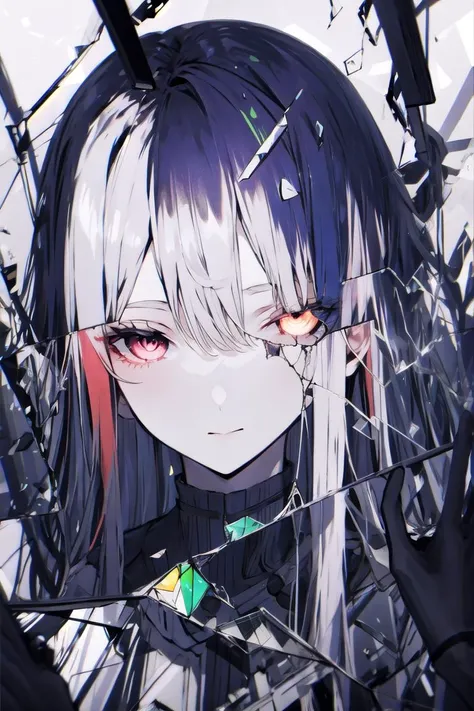 masterpiece, best quality, high contrast,1girl, solo focus, multiple girls, glass, broken glass,mirror,glowing, multicolored hair,straight hair, multicolored eyes, head tilt,