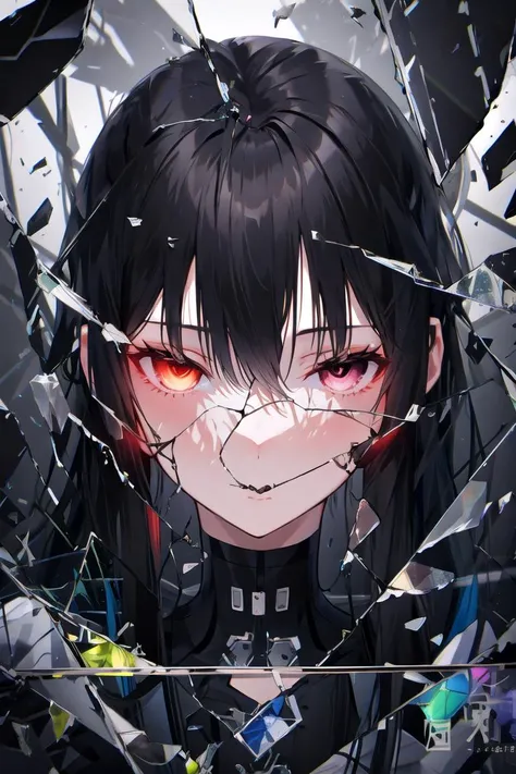 masterpiece, best quality,3girls,  glass, broken glass, glowing, black hair,multicolored eyes,  portrait,