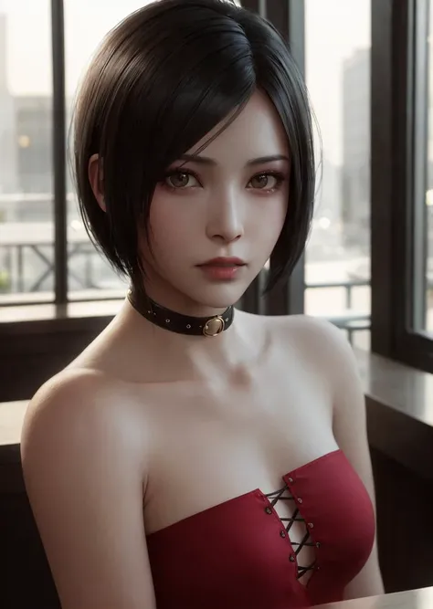 1girl, ((portrait)) of beautiful ADAWONG, looking at viewer, black hair, short hair, ((red dress)), black choker, transparent black stocking, side slit, blush, blotchy makeup, trending on Artstation, ada, realistic, athletic night, highly detailed skin, warm skin tone, ((frowning)), ((pouting)) highly detailed face, highly detailed pupils, highly detailed iris, RAW photo, best quality, high resolution, ((masterpiece)), tonemapping, photorealistic, realistic, professional photography, sharp focus, HDR, 8K resolution, intricate detail, sophisticated detail, hyper detailed, (depth of field), highlight and shadow, volumetric lighting, golden hours lighting, professional light, ,inside a cafe, beside a window, highly detailed background, bokeh, sfw, <lora:S6yxAdaWong_v10:1>
