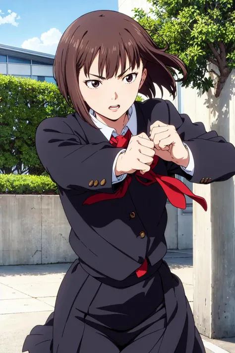 <lora:0013Aikuno:1>,ikuno,brown hair,black eyes,school_uniform,fighting_stance,solo,