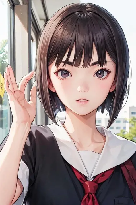 a close up of a person holding a book with flowers on it, anime visual of a cute girl, nagatoro, close up iwakura lain, iwakura lain, anime moe artstyle, anime best girl, rei hiroe, portrait of lain iwakura, young anime girl, anime visual of a young woman, close up of a young anime girl,Uiharu Kazari,有着with short black hair和淡褐色眼瞳的少女，Although her eyebrows are relatively thick, the flowers on her head are her most striking feature。Loli-shaped girls usually wear school uniforms in early spring，Wearing a red scarf matching the school uniform on her chest,with short black hair