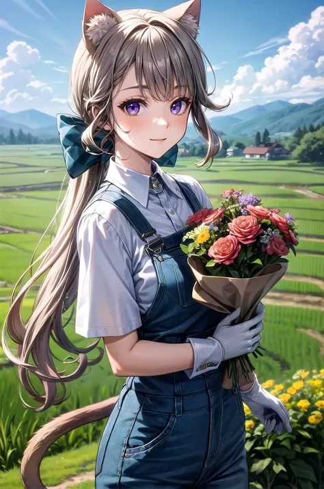 (masterpiece, best quality, detailed), 1girl, solo, looking at viewer, lynette, cat ears, purple eyes, low ponytail, cat tail,
overalls, short sleeves, white gloves, red shirt, rice paddy, rural, mud, power lines, scenery, hill, mountainous horizon, house, holding bouquet, bouquet, flower, smile, closed mouth, happy