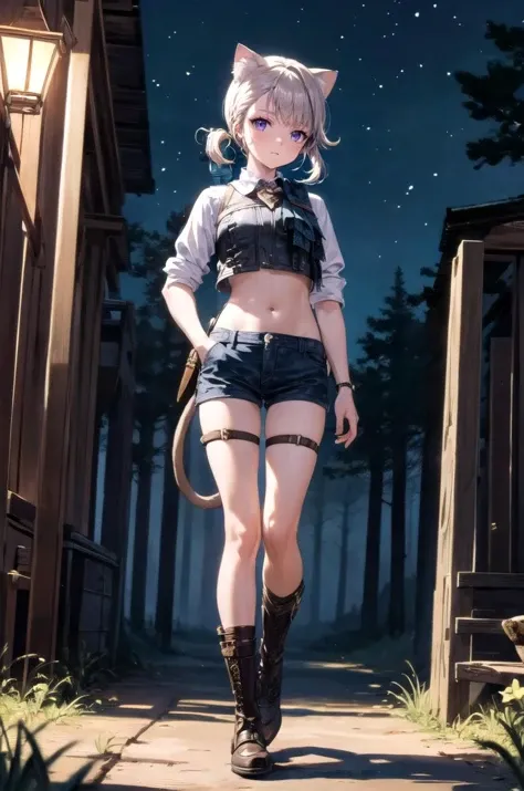 (masterpiece, best quality, detailed), 1girl, solo, looking at viewer, lynette, cat ears, purple eyes, low ponytail, cat tail,
<lora:cowgirl_outfit_v0.1a:1.05>, (cowgirl outfit, cowboy hat), fringe trim, midriff, holster, (campfire), night, nature, night sky, forest, full body, hands in pockets, closed mouth