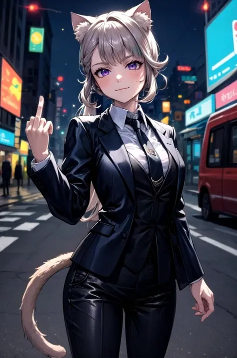 (masterpiece, best quality, detailed), 1girl, solo, looking at viewer, lynette, cat ears, purple eyes, low ponytail, cat tail,
pant suit, suit, formal, black suit, black pants, necktie, white shirt, sunglasses, outdoors, cyberpunk, city, night, city lights, neon lights, graffiti, car, science fiction, <lora:midfinger-left-v2-wasabiya:1>, middle finger, closed mouth, smirk