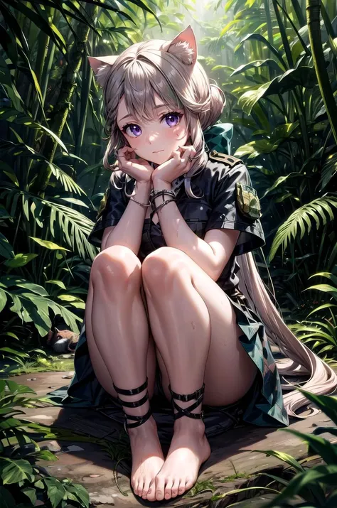 (masterpiece, best quality, detailed), 1girl, solo, looking at viewer, lynette, cat ears, purple eyes, low ponytail, cat tail,
<lora:camouflage_uniform04:0.5>, wearing camouflage_uniform, jungle, nature, vines, moss, fern, tropical, dappled sunlight, parrot, dirty, hibiscus, red flower, indian style, hands on feet, closed mouth