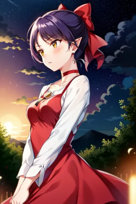 masterpiece,Highest quality, Highest quality, Perfect Skin, Beautiful attention to detail,Detailed face,Dynamic Lighting,One girl,View your viewers, nmm1, nekomusume, nekomusume \(gegege no kitarou 6\), One girl, Purple Hair, Yellow Eyes, alone, Red dress, Red choker, Hair Ribbon, Pointed Ears, short hair, White shirt, Long sleeve, Red Bow, bangs, clavicle, brooch, jewelry,Finding, Shooting from below,White panties,Storm from below