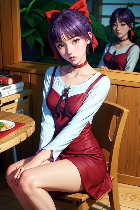 best quality,masterpiece, (realistic,photo realistic:0.5),absurdres,
<lora:6thNekomusumeGegegeNo_v10:0.7>,nmm1, nekomusume, nekomusume \\(gegege no kitarou 6\\), 1girl, purple hair, yellow eyes, solo, red dress, red choker, hair bow, pointy ears, short hair, white shirt, long sleeves, red bow, bangs, collarbone, brooch, jewelry,
sitting,looking at viewer,