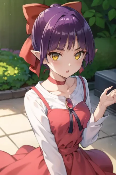 best quality, perfect skin, beautiful detailed eyes,detailed face,dynamic lighting,1girl,looking at viewer, <lora:nekomusume_v1:0.8> nmm1, nekomusume, nekomusume \(gegege no kitarou 6\), 1girl, purple hair, yellow eyes, solo, red dress, red choker, hair bow, pointy ears, short hair, white shirt, long sleeves, red bow, bangs, collarbone, brooch, jewelry,fighting