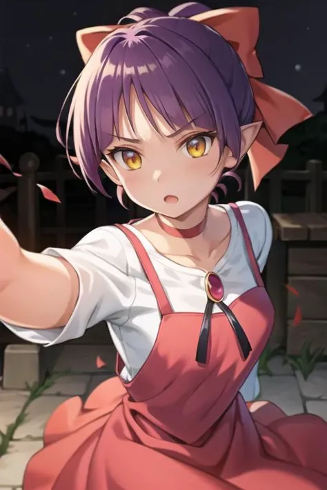best quality, perfect skin, beautiful detailed eyes,detailed face,dynamic lighting,1girl,looking at viewer, <lora:nekomusume_v1:0.8> nmm1, nekomusume, nekomusume \(gegege no kitarou 6\), 1girl, purple hair, yellow eyes, solo, red dress, red choker, hair bow, pointy ears, short hair, white shirt, long sleeves, red bow, bangs, collarbone, brooch, jewelry,fighting