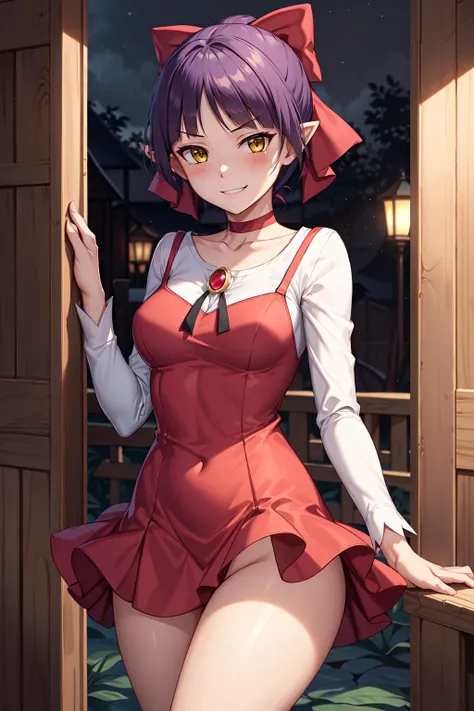 masterpiece, best quality, highres, nmm1, nekomusume, nekomusume \(gegege no kitarou 6\), 1girl, purple hair, yellow eyes, solo, red dress, red choker, hair bow, pointy ears, short hair, white shirt, long sleeves, red bow, bangs, collarbone, brooch, jewelry, <lora:nekomusume_v1:0.6>, thighs, breasts, smirk, mature female