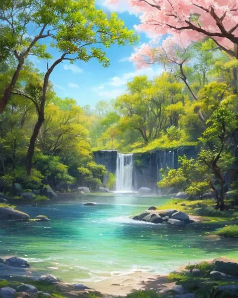 (highres:1.1), best quality, (masterpiece:1.2), vivid color, digital painting, Jungle, water, natural beauty, peaceful oasis, sakura trees, blue sky