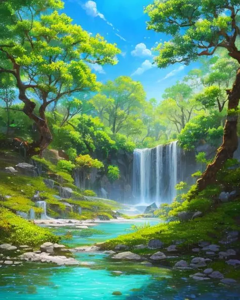 (highres:1.1), best quality, (masterpiece:1.2), vivid color, digital painting, Jungle, water, natural beauty, peaceful oasis, sakura trees, blue sky