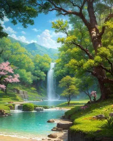 (highres:1.1), best quality, (masterpiece:1.2), vivid color, digital painting, Jungle, water, natural beauty, peaceful oasis, sakura trees, blue sky