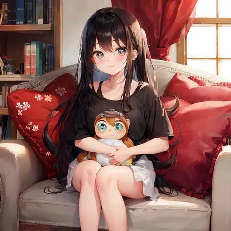 high quality, ([[3d], (realistic)::0.79]:0.009), ([anime style:2d:0.49]:0.009), (early teen),(big eyes:1.2), cowboy shot, (cushion), living room, BREAK