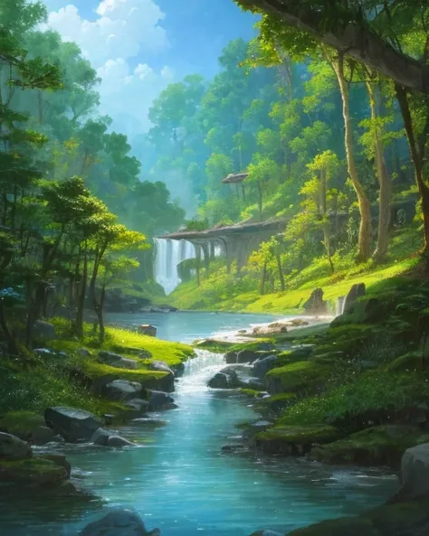 (highres:1.1), best quality, (masterpiece:1.2),  vivid color, digital painting, Jungle, water, natural beauty, peaceful oasis, godrays