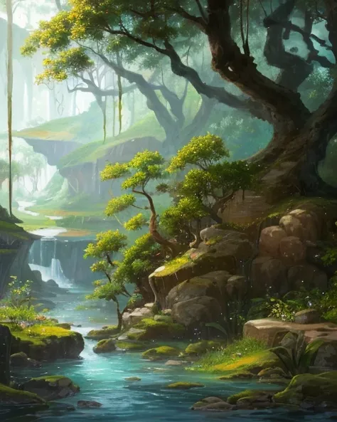 (highres:1.1), best quality, (masterpiece:1.2),  vivid color, digital painting, Jungle, water, natural beauty, peaceful oasis