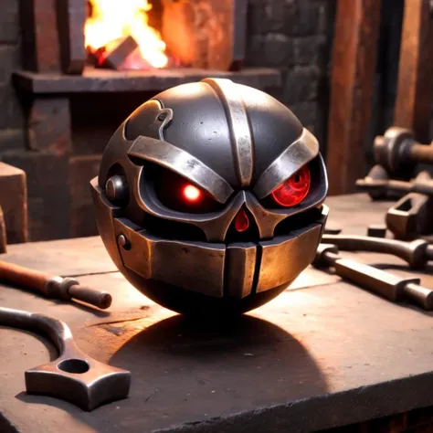 madball ballz on blacksmith table, solid lead , skull eyeball anvil, floating<lora:MadballXLv1:1>
