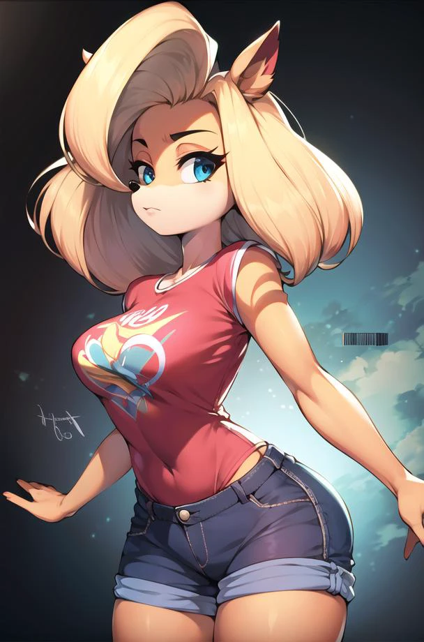 best quality, masterpiece, solo, 1girl, originaltawna, <lora:tawna-15:0.9>, t-shirt, red shirt, denim shorts,