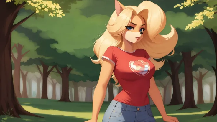 best quality,masterpiece,solo,1girl,originaltawna,,t-shirt,red shirt,denim shorts,forest in background,
<lora:tawna-15:0.9>,