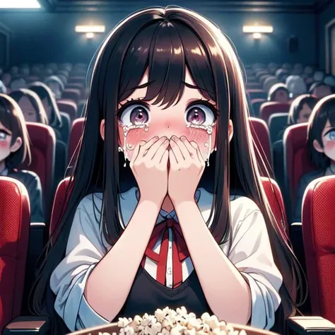 (((masterpiece))), (((best quality))), (((horror movie))), (((crowd))), ((hands on own face)), ((cinema seating)), ((scared)), ((crying with eyes open)), popcorn, cocacola, disposable cup, plaid jacket, stairs, night, open mouth, 1girl, big tits, ribbon, sweat, shy, blush, slim figure, <lora:girllikehorrormovie:0.8>