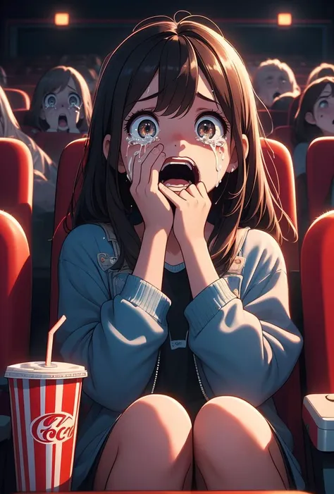 (masterpiece, best quality), 1girl,   <lora:girllikehorrormovie:0.8> (((horror movie))), (((crowd))), ((hands on own face)), ((cinema seating)), ((scared)), ((crying with eyes open)), popcorn, cocacola, disposable cup, plaid jacket, stairs, night, open mouth,