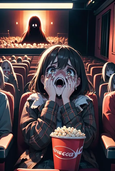 (masterpiece, best quality), 1girl, <lora:girllikehorrormovie:0.8> (((horror ))), (((crowd))), ((hands on own face)), ((cinema seating)), ((scared)), ((crying with eyes open)), popcorn, cocacola, disposable cup, plaid jacket, stairs, night, open mouth,