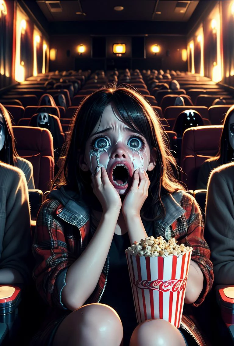 (masterpiece, best quality), 1girl, <lora:girllikehorrormovie:0.8> (((horror movie))), (((crowd))), ((hands on own face)), ((cinema seating)), ((scared)), ((crying with eyes open)), popcorn, cocacola, disposable cup, plaid jacket, stairs, night, open mouth,