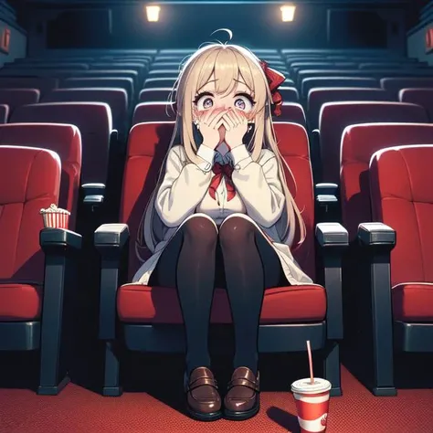 (((masterpiece))), (((best quality))), (((full body))), (((horror movie))), (((crowd))), ((hands on own face)), ((cinema seating)), ((scared)), ((crying with eyes open)), popcorn, cocacola, disposable cup, plaid jacket, stairs, night, open mouth, 1girl, big tits, ribbon, sweat, shy, blush, slim figure, <lora:girllikehorrormovie:0.8>