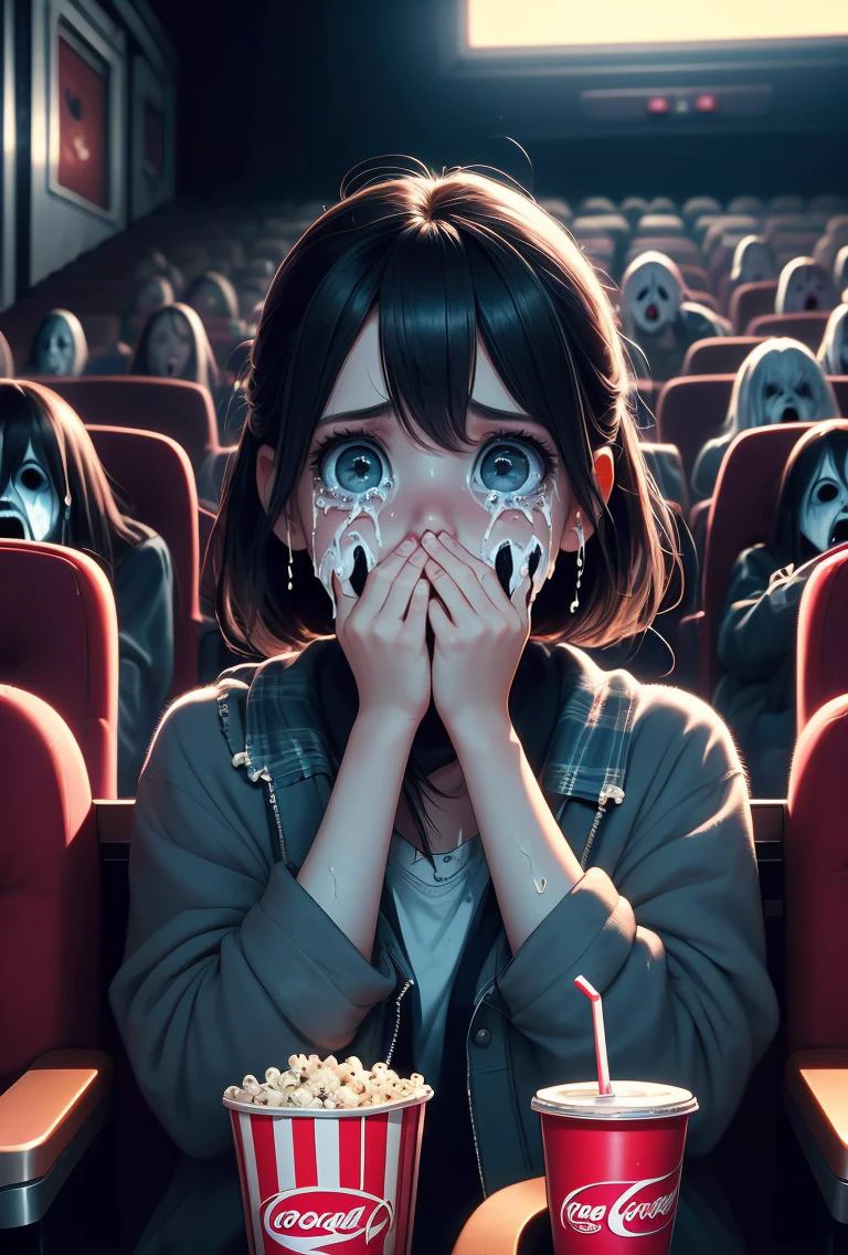 (masterpiece, best quality), 1girl, <lora:girllikehorrormovie:0.8> (((horror movie))), (((crowd))), ((hands on own face)), ((cinema seating)), ((scared)), ((crying with eyes open)), popcorn, cocacola, disposable cup, plaid jacket, stairs, night, open mouth,