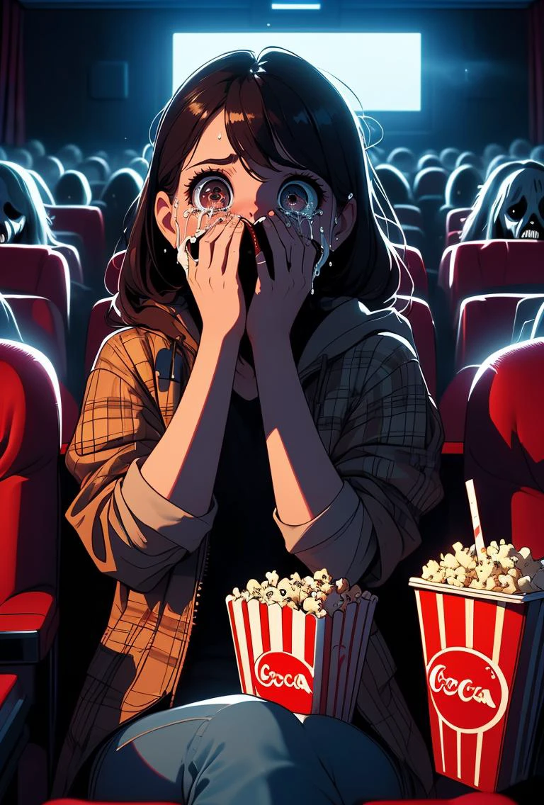 (masterpiece, best quality), 1girl, <lora:girllikehorrormovie:0.8> (((horror movie))), (((crowd))), ((hands on own face)), ((cinema seating)), ((scared)), ((crying with eyes open)), popcorn, cocacola, disposable cup, plaid jacket, stairs, night, open mouth,