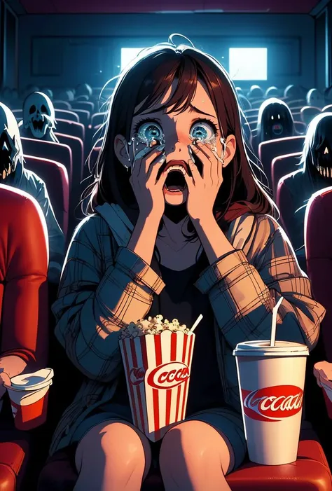 (masterpiece, best quality), 1girl, <lora:girllikehorrormovie:0.8> (((horror ))), (((crowd))), ((hands on own face)), ((cinema seating)), ((scared)), ((crying with eyes open)), popcorn, cocacola, disposable cup, plaid jacket, stairs, night, open mouth,