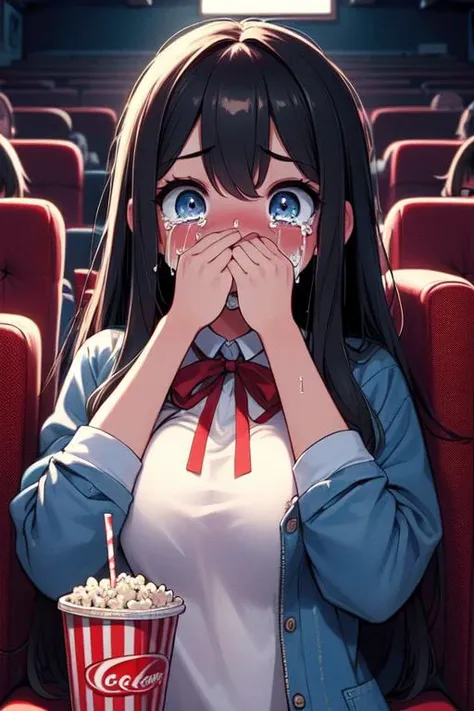 (masterpiece, best quality), 1girl,   <lora:girllikehorrormovie:0.8> (((horror movie))), (((crowd))), ((hands on own face)), ((cinema seating)), ((scared)), ((crying with eyes open)), popcorn, cocacola, disposable cup, plaid jacket, stairs, night, open mouth,