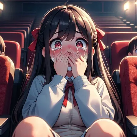 (((masterpiece))), (((best quality))), (((horror movie))), (((crowd))), ((hands on own face)), ((cinema seating)), ((scared)), ((crying with eyes open)), popcorn, cocacola, disposable cup, plaid jacket, stairs, night, open mouth, 1girl, big tits, ribbon, sweat, shy, blush, slim figure, <lora:girllikehorrormovie:0.8>