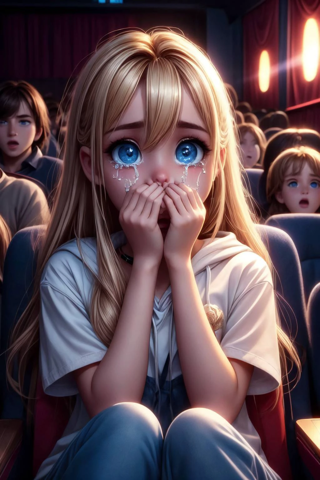 (detailed eyes:1.3), Beautiful Lighting, (1girl:blue eyes, blonde hair, absurdly long hair, (hair between eyes:1.1)), (real skin), <lora:Tool - Detail up:1>, <lora:y:1>, <lora:age_slider-LECO-v1:-1>,
<lora:girllikehorrormovie:0.8>, (((horror movie))), (((crowd))), ((hands on own face)), ((cinema seating)), ((scared)), ((crying with eyes open)), popcorn, cocacola, disposable cup, plaid jacket, stairs, night, open mouth,, hoodie, black choker, short sleeves,