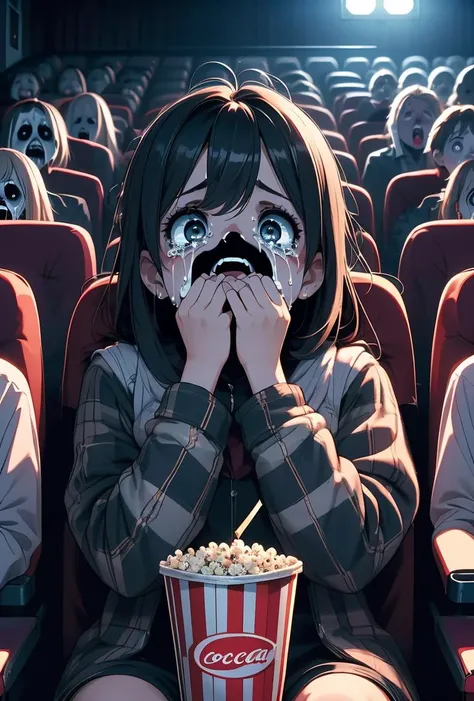 (masterpiece, best quality), 1girl,   <lora:girllikehorrormovie:0.8> (((horror movie))), (((crowd))), ((hands on own face)), ((cinema seating)), ((scared)), ((crying with eyes open)), popcorn, cocacola, disposable cup, plaid jacket, stairs, night, open mouth,