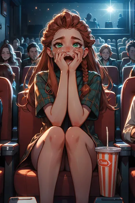 crowd, hands on own face, ((cinema seating)), scared, crying, popcorn, coca-cola, disposable cup, plaid jacket, stairs, dark, night, open mouth, <lora:girllikehorrormovie:.6>
<lora:HFWAloy:.8>, hfwaloy, long orange hair, green eyes, braid, high quality, masterpiece,