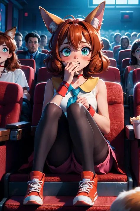 koto, animal ears, fox ears, green eyes, pink shorts, wristband, legwear under shorts, orange hair, black pantyhose, choker, whisker, shirt, sleeveless, necktie, looking scared, mouth open, crying, blush, hand over mouth, sitting, on chair, inside movie theater, crowd, stairs, popcorn, night time, dark, high quality, masterpiece, <lora:koto:.8> <lora:girllikehorrormovie:.7>