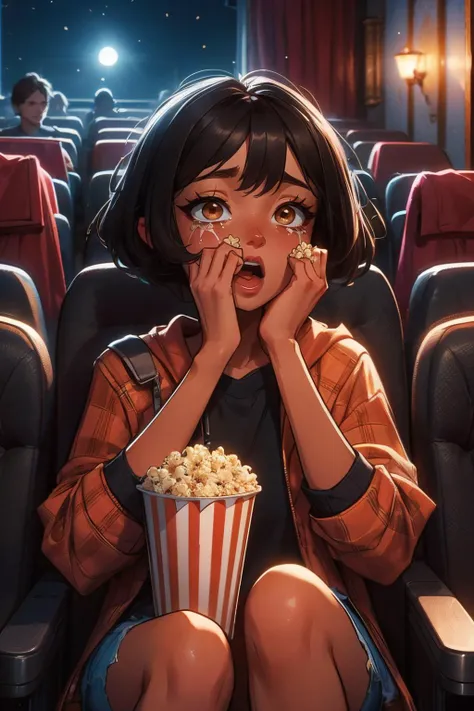 crowd, hands on own face, ((cinema seating)), scared, crying, popcorn, coca-cola, disposable cup, plaid jacket, shorts, stairs, dark, night, open mouth, <lora:girllikehorrormovie:.6>
alex, dark skin, short black hair, brown eyes, high quality, masterpiece, <lora:brj-alex-v1:.8>