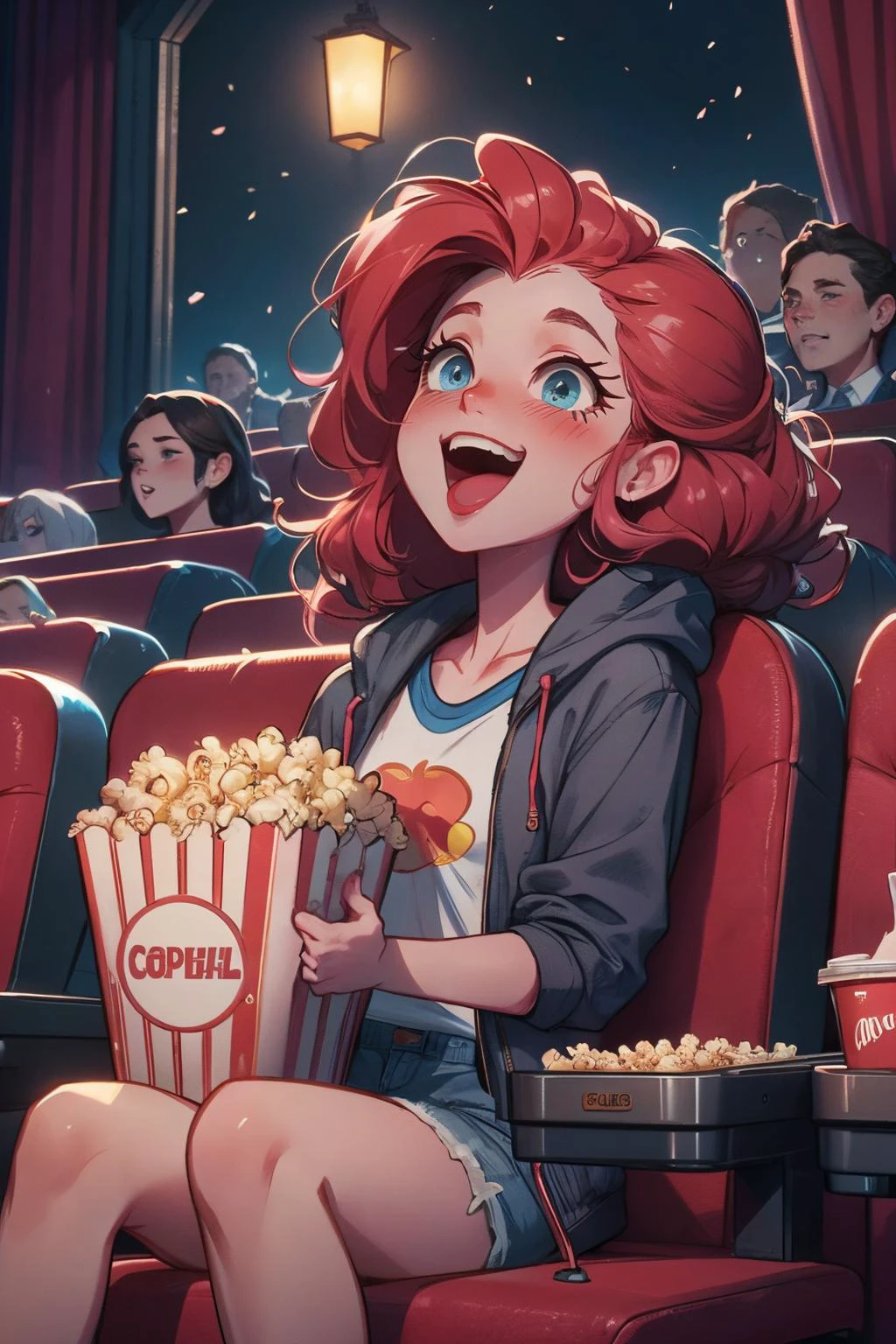 (crowd), ((cinema seating)), popcorn, coca-cola, disposable cup, plaid jacket, shorts, stairs, dark, night, <lora:girllikehorrormovie:.6>
mlppinkie, blue eyes, curly pink hair, happy, laughing, blush, high quality, masterpiece, <lora:mlp_pinkiepie-11:.8>